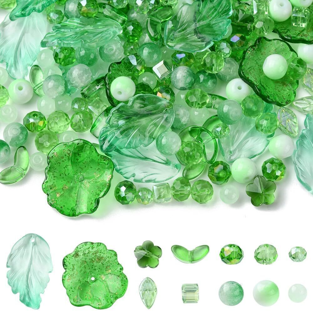 4417 174 PCS Green Leaf Glass Beads Charms for Jewelry Making 12 Styles